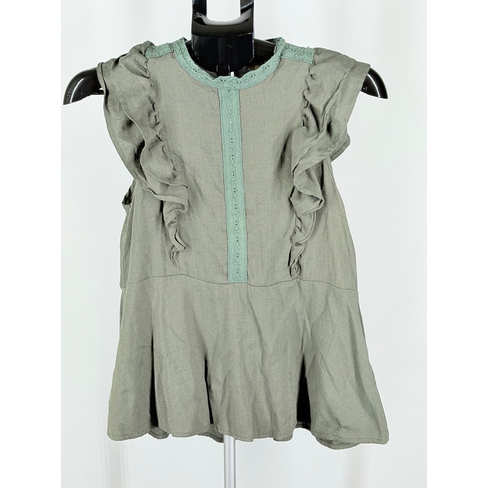 Savanna Jane Sage Green Ruffle Peplum Blouse Eyelet Lace Trim Sleeveless Small